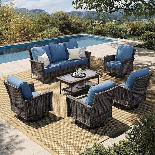 HERA'S HOUSE Patio Furniture Set, 4 x High Back Swivel Chairs with 5.5" Comfy Cushions, 6 Pieces Outdoor Wicker Conversation Set for Lawn Deck Backyard, Navy Blue