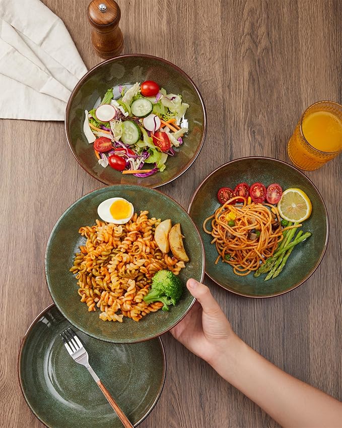 16 Piece Double Bowl Dinnerware Sets with Pasta Bowls, Highly Chip and Crack Resistant Plates and Bowls Sets, Natural Earthyware Ceramic Dishware Sets, Service for 4 Sage Green