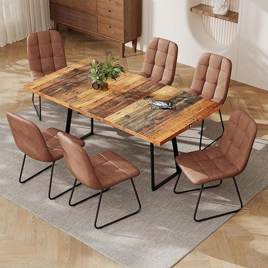 ZckyCine Extendable Dining Table Set 47"-63", Rustic Wood Table with 6 PU Leather Chairs, Modern Scandinavian Dining Room Furniture for Kitchen Apartment