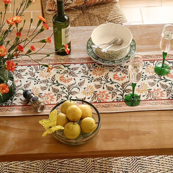 Designer French Elegant Linen Table Runner 102 Inches Long,Farmhouse Lily Pattern Decor Table Runners for Dining Tables,Thanksgiving,Kitchen Tables,Christmas,12"*102"-Aurora A