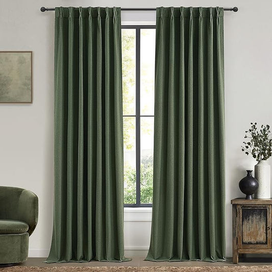 Lush Decor 132 Inch Long Insulated Back Tab Pinch Pleated Curtains, Linen Olive Green Blackout Large Window Drapes, Room Darkening Extra Long Tall Curtain for Living Room (40" Wx132 x2 Panels Loden)