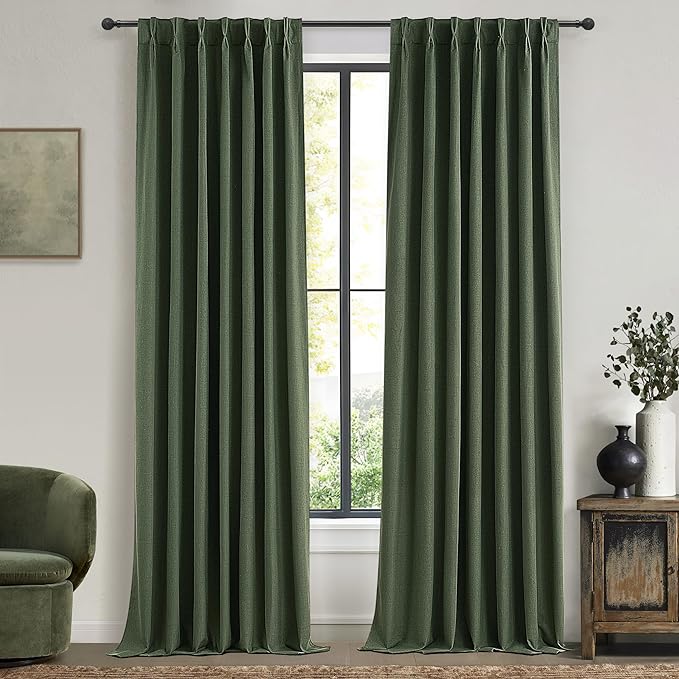 Olive Green Linen Curtains for Living Room, 86 inch Pinch Pleated Drapes with Hooks Back Tab Blackout Privacy Boho Home Decor, Forest/Hunter Green Window Curtains 86 inches Long for Bedroom 2 Panels