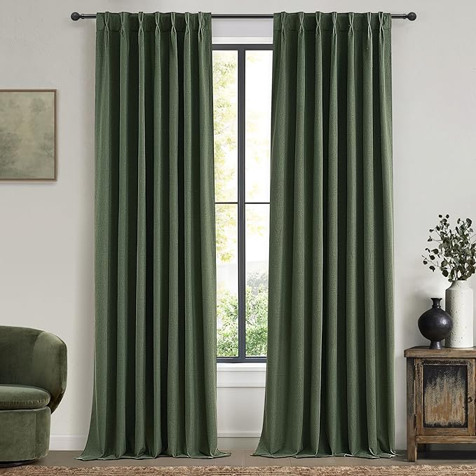 Pinch Pleated Curtains with Rings and Hooks Loden 102 Inch 8-1/2ft Tall Vintage Curtains for Bedroom Dark Olive Green Moody Drapes 100 Percent Blackout Noise Dampening Window Curtain Linen 2 Panels