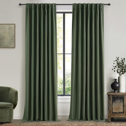 Dark Academia Decor Olive Green Textured Blackout Curtains Panels 108 Inches Lengh Large Window Extra Long Luxury Curtains for Living Room Flax Linen Drapes Pinch Pleated/Back Tab 9FT x2 Panels