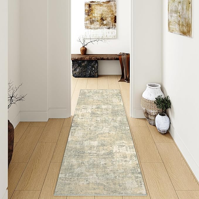 Machine Washable Runner Rug 2x8 Beige Gray Neutral Hallway Indoor Accent Modern Abstract Kitchen Low Pile Carpet Non Slip Distressed Throw Area Rug Living Room Bedroom Office Dining Room