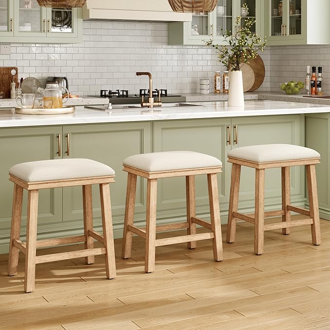 MAISON ARTS Off White Counter Height 24 inch Bar Stools Set of 4 for Kitchen Counter Solid Wood Legs with Faux Leather Padded Seat Farmhouse Barstools for 34"-38" Counter Island Upholstered Stools