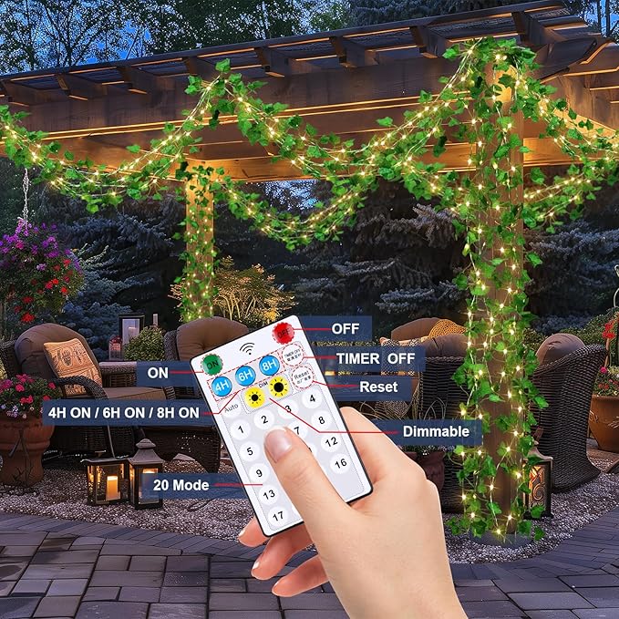 OMIKA Solar Fairy Lights with Vine, 66FT 200LED Solar String Lights & USB Outdoor Waterproof with Ivy, 19 Modes Vines with Light for Balcony Camping Outside Garden Yard Fence Wedding (Warm White)