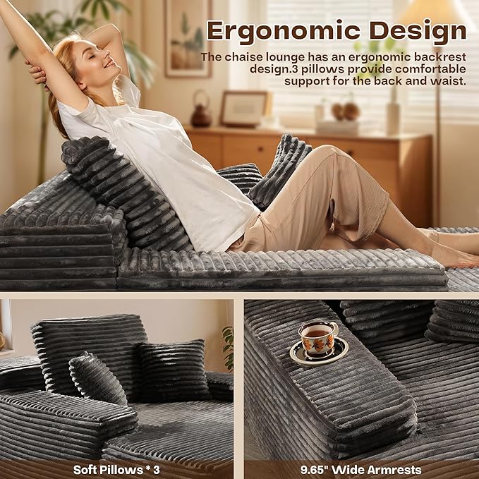 Chaise Lounge Chair Indoor, Oversized Sleeping Couch 67" L * 48.5" W Assembly Free Modern Minimalist Sofa, Extra Deep Large Single Seat Sofa for Living Room (Grey Plush Fabric)