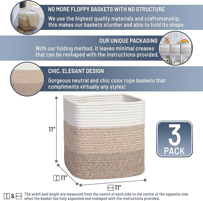 NaturalCozy Storage Cubes 11 Inch Cotton Rope Woven Baskets for Organizing, 3-Pack | Cube Storage Bin | Square Storage Baskets for Shelves Organizer, Classroom, Kids Toy Bins, Closet, Baby Nursery