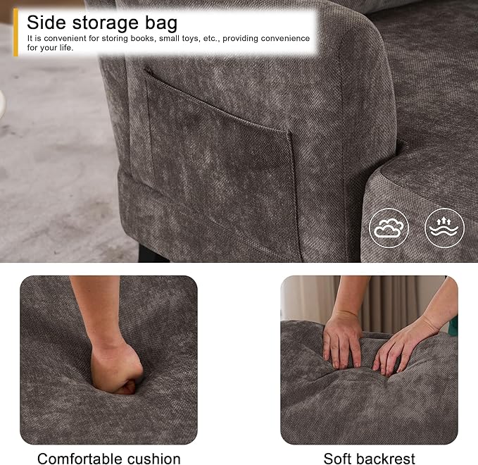 Chaise Lounge Chair Indoor with Pillows - Linen Fabric Comfy Reading Chair Bed, Upholstered Modern Small Couch Sofa Bed for Living Room, Bedroom & Apartment (Brown)