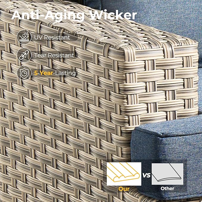 HOOOWOOO Outdoor Sectional Patio Furniture Set,9 Pieces Wicker Conversation Sets L Shaped Couch,Extra Deep Out Door Sofa Outside Furniture with Rocking Chairs,Denim Blue