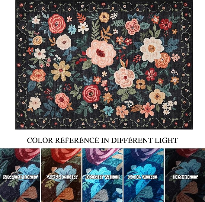 DUKINO 5x7 Area Rug, Floral Design, Lightweight Non Slip Washable, Indoor Low Pile & Non-Shedding Boho Rug for Bedroom, Living Room, Dining Room, Black