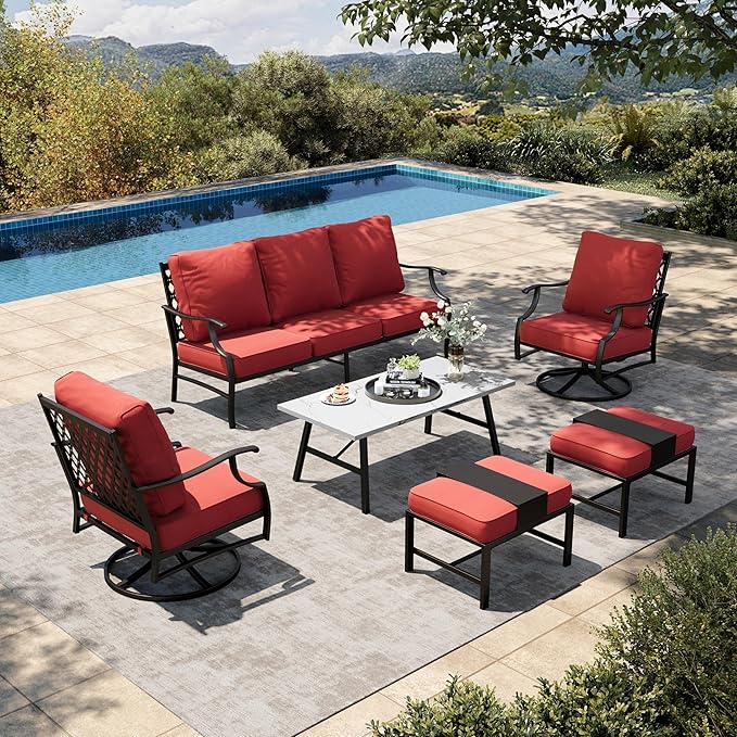 HERA'S HOUSE 6 Piece Patio Furniture Set, 2 x Swivel Cushioned Chair, 2 x Cushioned Ottoman, 1 x 3-Seat Sofa with Marbling Coffee Table, Outdoor Conversation Set for Lawn Garden Backyard, Red