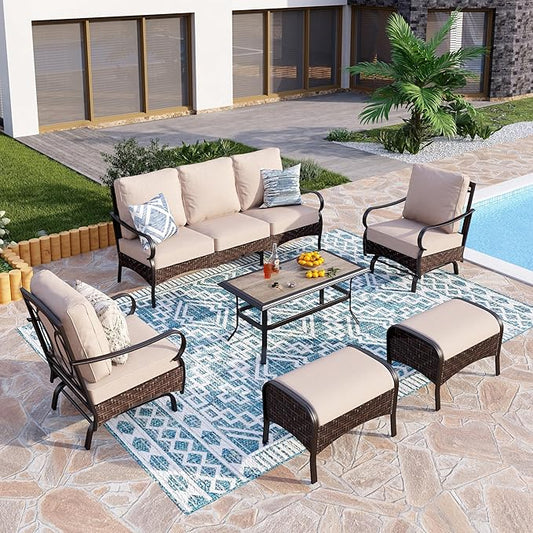 PHI VILLA Outdoor Modern Patio Furniture Set, Upgraded Wicker&Metal Patio Furniture Conversation Set with Waterproof Thick Cushions for Porch, Poolside, Deck, and Yard (6 Pieces,Beige)