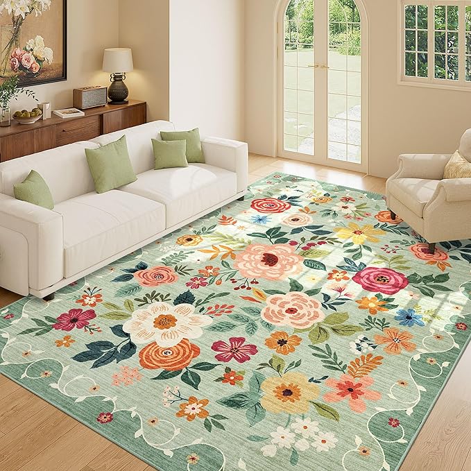 DUKINO 5x7 Area Rug, Floral Rugs for Living Room, Lightweight Non Slip Washable Rug, Indoor Low Pile & Non-Shedding Boho Design Rugs for Bedroom, Living Room, Dining Room, Green