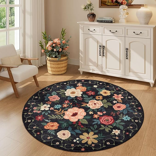 DUKINO Floral Round Rug, 4ft Washable Round Area Rug, Non Slip Indoor Low Pile Circle Rug, Soft Small Boho Design Circle Rug for Bedroom, Entryway, Living Room, Dining Room,Black
