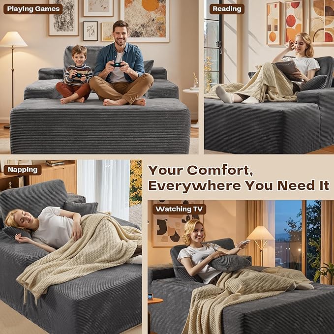 Chaise Lounge Chair Indoor, Oversized Sleeping Couch 67" L * 48.5" W Assembly Free Modern Minimalist Sofa, Extra Deep Large Single Seat Sofa for Living Room (Grey Corduroy Fabric)