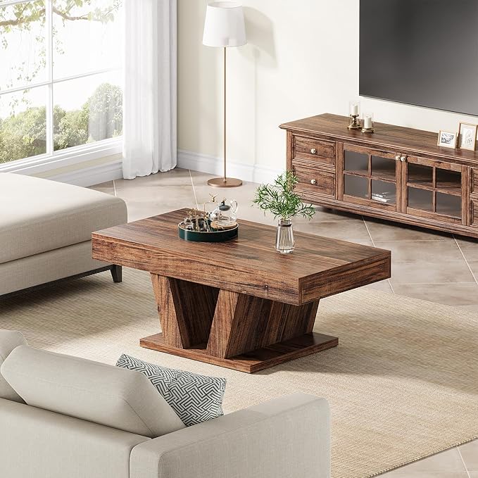 Farmhouse Coffee Table with 2 Side Drawers, 43 inch Wood Center Tea Table with Hidden Storage, Rectangle Cocktail Table for Living Room, Office, Small Space, Brown