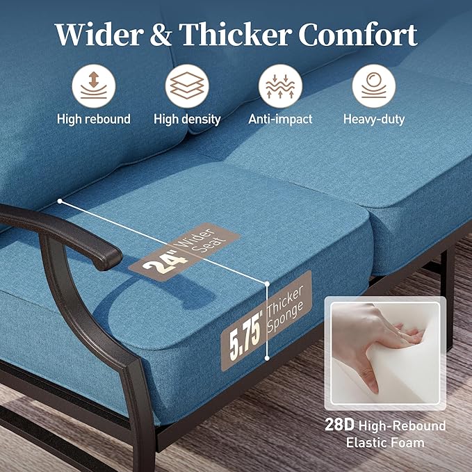 6 Piece Metal Outdoor Patio Furniture Set, Patio Conversation Sets 1 3-Seater Sofa, 2 Swivel Chair, 2 Leg Chair with 5.75" Thick Cushion and Coffee Table, Backyard Furniture Set, Navy