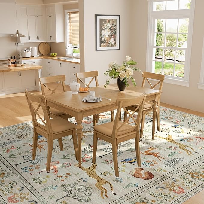 DUKINO 6x9 Rug, Washable Animal Living Room Rug with Non Slip Vintage Design, Soft Low Pile Large Carpet for Bedroom, Nursery, Dining Room, Farmhouse, Playroom, White