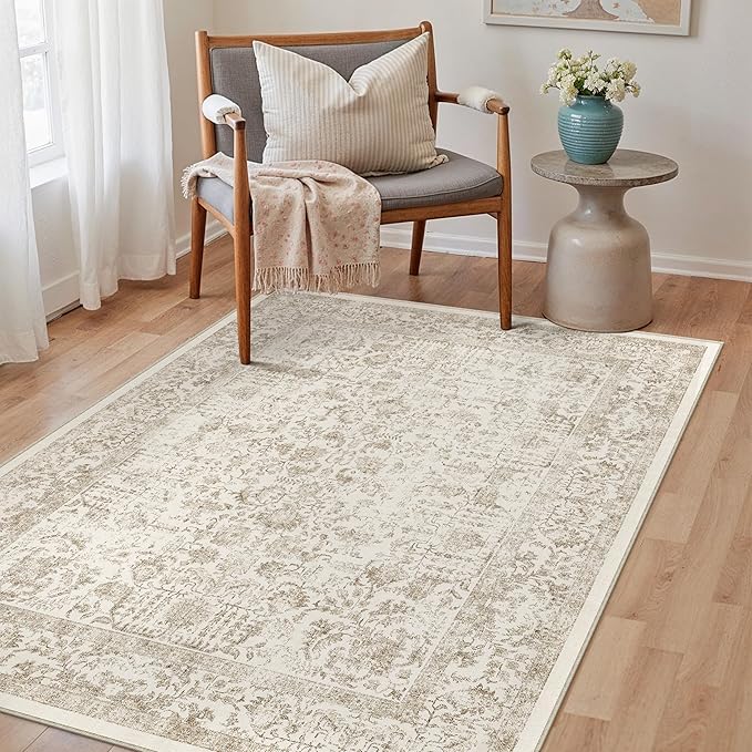 Light Brown Area Rug 4x6 Office Entryway Rug Machine Washable Kitchen Vintage Distressed Non Slip Carpet Indoor Retro Floral Accent Throw Door Mat for Bathroom Bedroom Dining Living Room