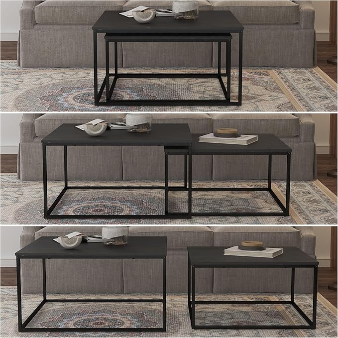 Nesting Coffee Table Set of 2,Outdoor Coffee Table,Industrial End Table Side Tables for Living Room Bedroom (Black)