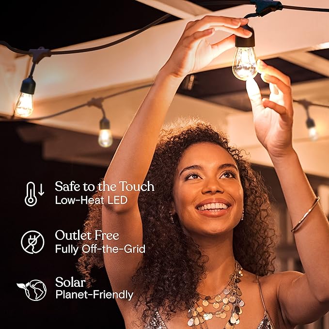 Brightech Ambience Pro Solar Powered Outdoor String Lights - Commercial Grade Patio Lights with 48 Ft Edison Bulbs - Shatterproof LED Solar Lights for - 1W LED, Warm White Light
