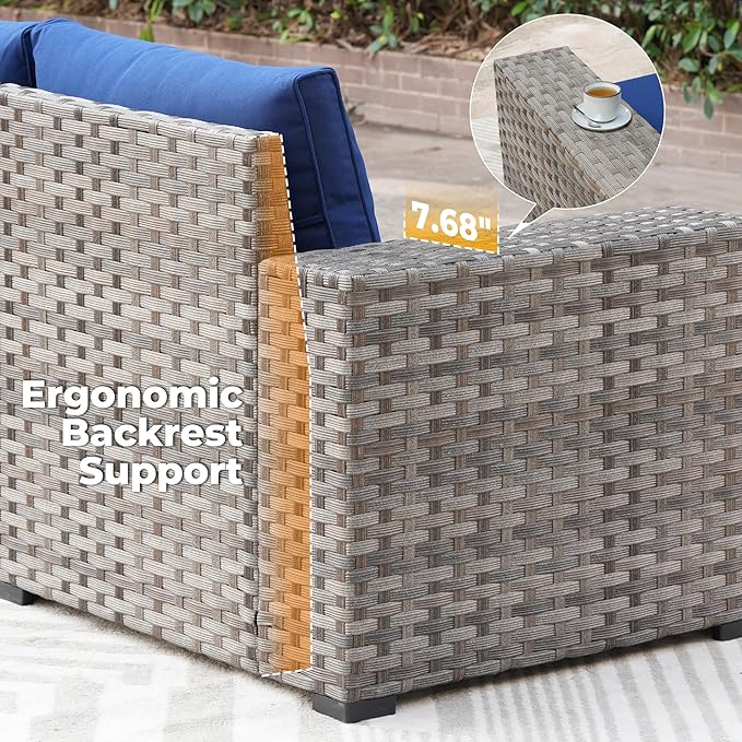 ovios 10 Pieces Patio Furniture Set, Outdoor Wicker Sectional Sofa with 42" Fire Pit Table Swivel Chairs, Modern Modular Deep Seat Rattan Couch Conversation Sets, Navy Blue