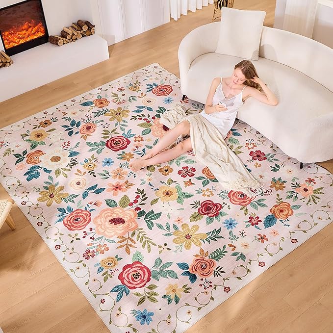 DUKINO 5x7 Area Rug, Floral Rugs for Living Room, Lightweight Non Slip Washable Rug, Indoor Low Pile & Non-Shedding Boho Design Rugs for Bedroom, Living Room, Dining Room, Beige