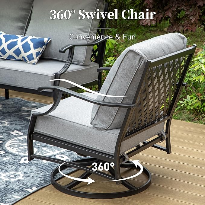 7 Piece Metal Outdoor Patio Furniture Set, Patio Conversation Sets 1 3-seater Sofa, 2 Fixed Chairs, 2 Swivel Chairs, 2 Ottomans with 5.75" Thick Cushion, Black Backyard Furniture, Gray