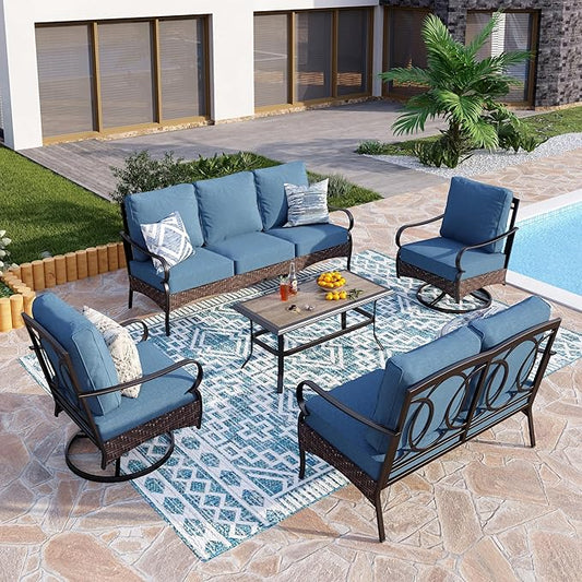 PHI VILLA Outdoor Modern Patio Furniture Set, Upgraded Wicker&Metal Patio Furniture Conversation Set with Waterproof Thick Cushions for Porch, Poolside, Deck, and Yard (5 Pieces,Navy)