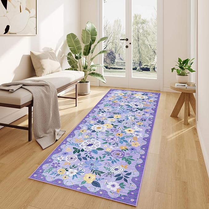 DUKINO Runner Rug, 2.6x8 Kitchen Rug for Hallway with Non Slip Backing, Washable Low Pile Soft Boho Floral Runner Carpet for Hallway, Kitchen, Entryway, Laundry, Bedroom, Purple