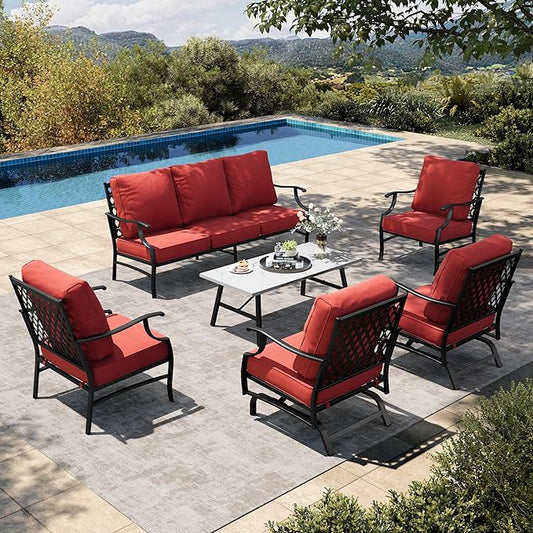 HERA'S HOUSE 6 Piece Patio Furniture Set, 2 x Rocking Chair, 2 x Fixed Chair, 1 x 3-Seat Sofa with Marbling Coffee Table, Outdoor Conversation Set for Lawn Garden Backyard, Red
