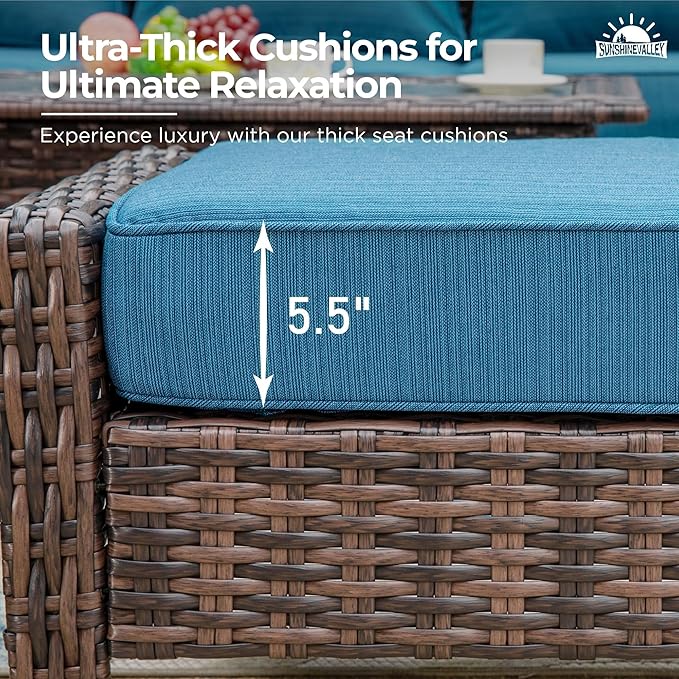 Patio Wicker Swivel Chairs Set of 2, Outdoor High Back Chairs with 5.5" Waterproof Cushions and Side Table, Outdoor Furniture Set for Deck Porch and Yard, Peacock Blue