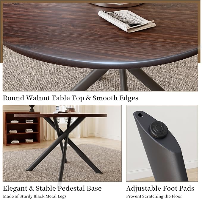 45.3 Inch Round Dining Table Set for 4, Mid Century Modern MDF Coffee Set for Dining Room Kitchen Apartment (Dark Walnut Table + 4 U-Shaped Black Chairs)