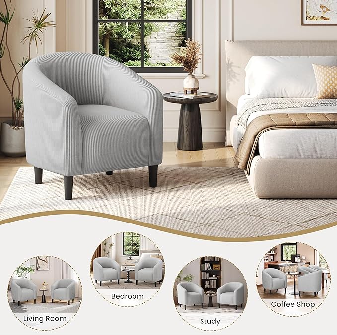 Yaheetech Accent Barrel Chair, Corduroy Fabric Club Chair, Furry Sherpa Elegant Armchair with Cozy Soft Padded for Living Room Bedroom Reception Room Office, Light Gray
