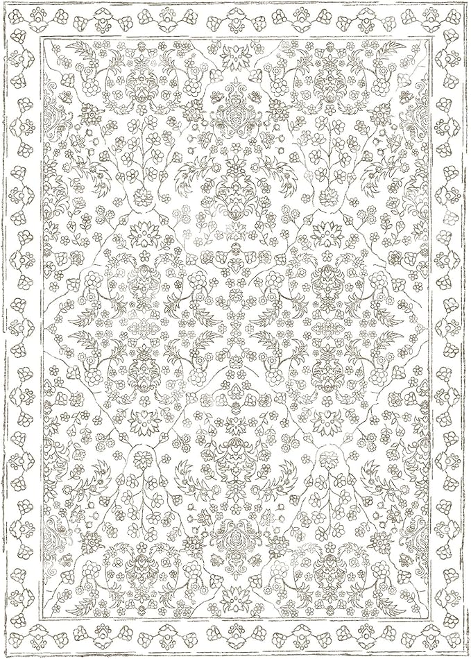 Floral Area Rug 6x9 Washable Taupe Carpet Non Slip Large Boho Thin Farmhouse Throw Accent Rug for Living Room Bedroom Office Kitchen Bathroom