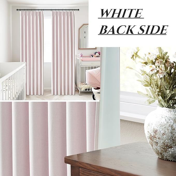 Soft Pink Kawaii 90 Inch Blackout Curtains for Bedroom Girls 2 Panels Set, Pinch Pleated Linen Blend Cooling Window Curtains & Drapes to Keep Heat Out for Kids/Baby Room/Pink Nursery Back Tab