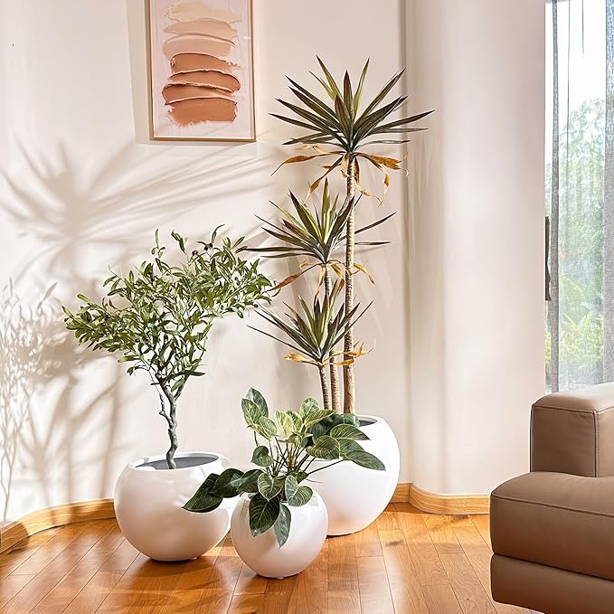 12.8" H x 16" D Globo Fiberstone Round Planter with Drainage Hole, Weather Resistant, Smooth Finish, Planters for Indoor Plants & Outdoor, 2 Extra Coco Mats (White, 10.7" Pot Opening)