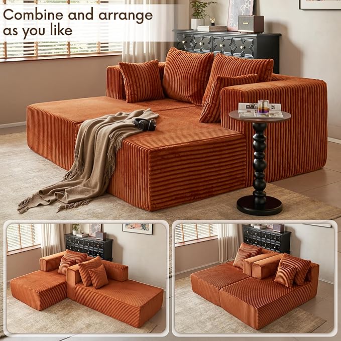 82" Oversized Chaise Lounge Chair, Corduroy Upholstered Sleeper Sofa with 4 Throw Pillows and Wide Armrest for Living Room, No Assembly Required Loveseat Couch, Orange