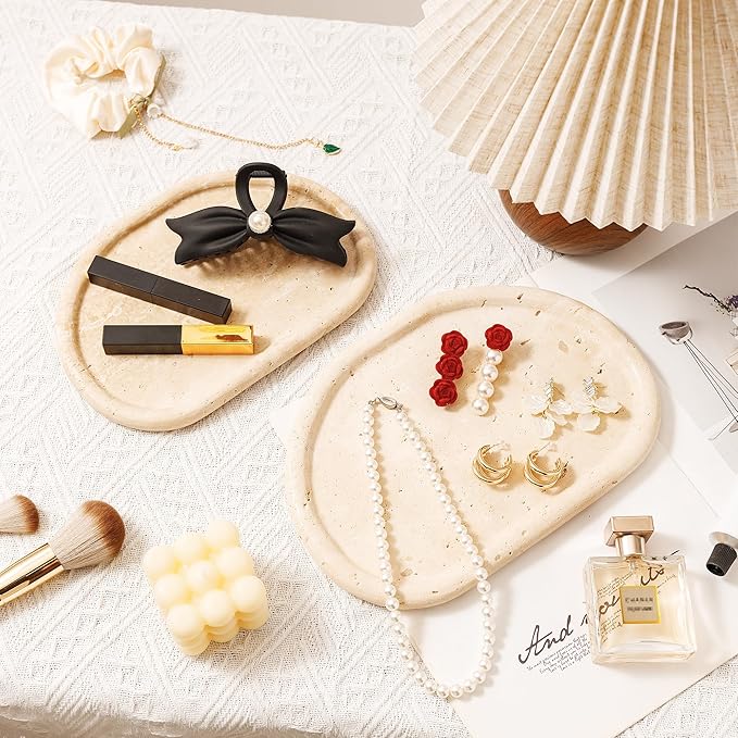 Natural Travertine Tray,Marble Ring Dish for Bathroom,Special-Shaped Jewelry Tray,Dressing Table, Bedside Table,Home Decor,Beige Large (NS030)