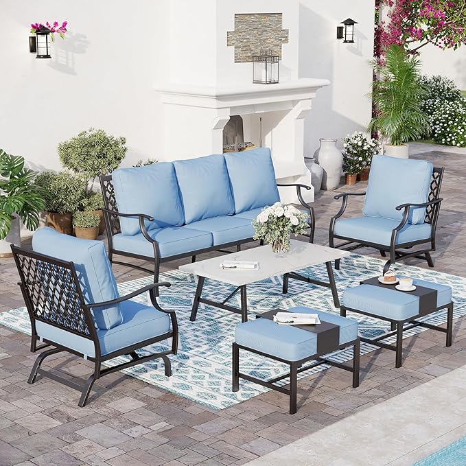 6 Piece Metal Outdoor Patio Furniture Set, Patio Conversation Set 1 3-seater Sofa, 2 Rocking Chair, 2 Ottomans with 5.75" Thick Cushion and Coffee Table, Black Backyard Furniture, Blue