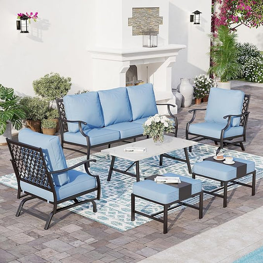 6 Piece Metal Outdoor Patio Furniture Set, Patio Conversation Set 1 3-seater Sofa, 2 Rocking Chair, 2 Ottomans with 5.75" Thick Cushion and Coffee Table, Black Backyard Furniture, Blue