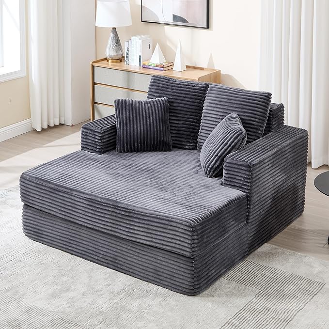 59" Chaise Lounge Chair Indoor - Oversized Comfy Corduroy Upholstered Sleeper Sofa with 4 Pillows & Armrests, Deep Seat Reading Chair Couch for Living Room, No Assembly Required - Dark Gray