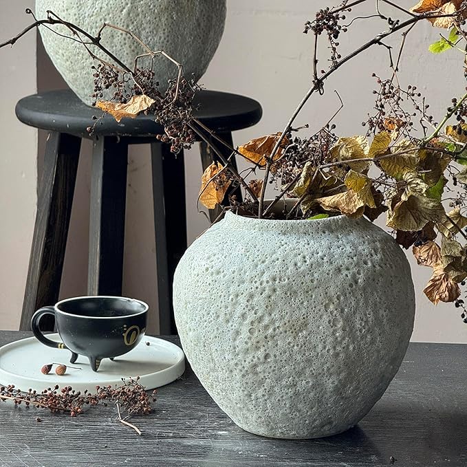 Denique Rustic Ceramic Tall Floor Vase, Vintage Farmhouse Decor - Large Terracotta Vases for Living Room Entryway Centerpiece (White-7.87inch Height)