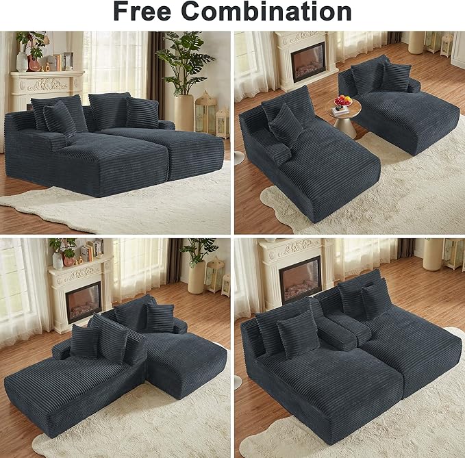 GNIXUU 78.8" Oversized Double Boneless Chaise Lounges Sofa, Plush Corduroy Sectional Cloud Couch Upholstered Memory Foam Loveseat Sleeper Chair Bed with Soft Pillows for Living Room Bedroom(Drak Gray)