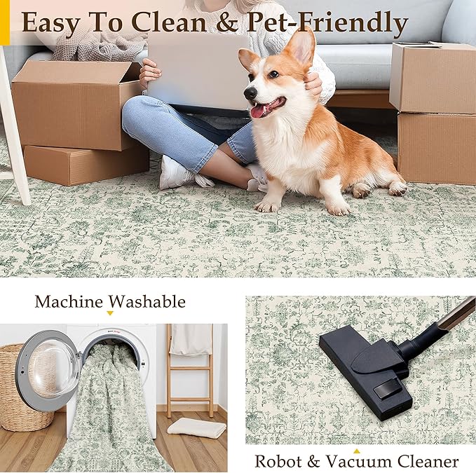 Sage Green Area Rug 5x7 Living Room Washable Carpet Vintage Distressed Non Slip Kitchen Carpet Neutral Low Pile Retro Floral Farmhouse Throw Rug for Home Office Bedroom Laundry Dining Room