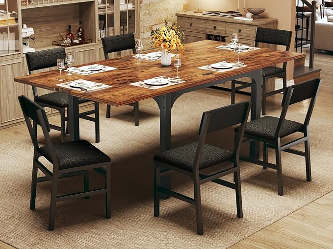 7-Piece Dining Table Set for 4-6, Extendable Kitchen Table Cushion Chairs Set of 6 with 6 Chairs, Rectangle Dining Table with Metal Frame & MDF Board, Folding for Small Apartment Saving Space, Rustic