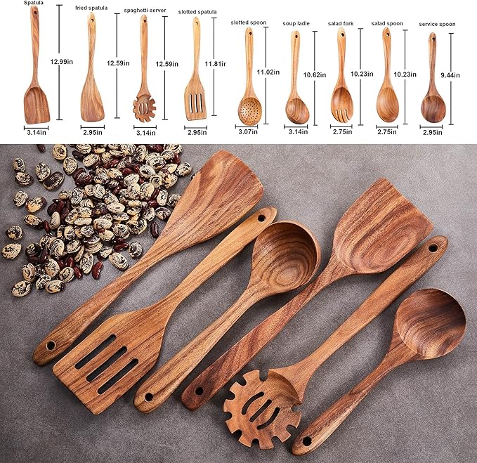Wooden Kitchen Utensils Set,GUDAMAYE 9 PCE Natural Teak Wooden Spoons For Non-stick Pan for Cooking,