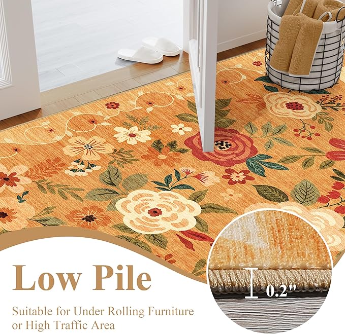 DUKINO 2x6 Runner Rug for Hallway, Washable Kitchen Runner Rug with Non Slip Backing, Low Pile Soft Boho Floral Runner for Kitchen, Hallway, Entryway, Laundry, Bedroom, Orange